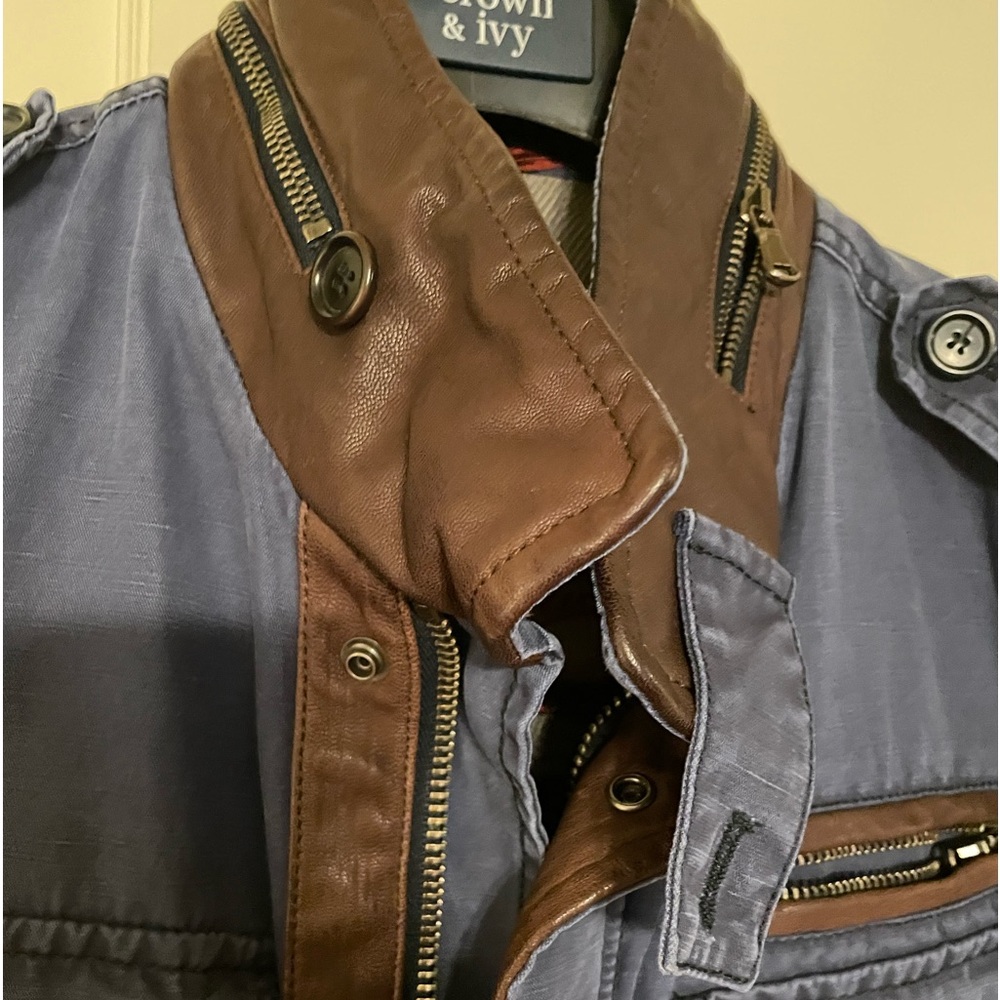 Mens spring jacket: denim/jean with leather and zipper embellishments